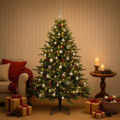 Konstgjord julgran med julkulor 120 cm 150 LED-lampor Varmvit