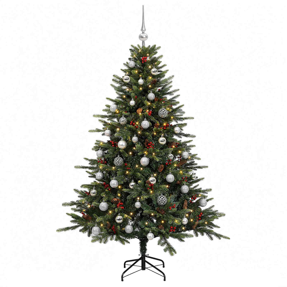 Konstgjord julgran med julkulor 150 cm 150 LED-lampor Varmvit