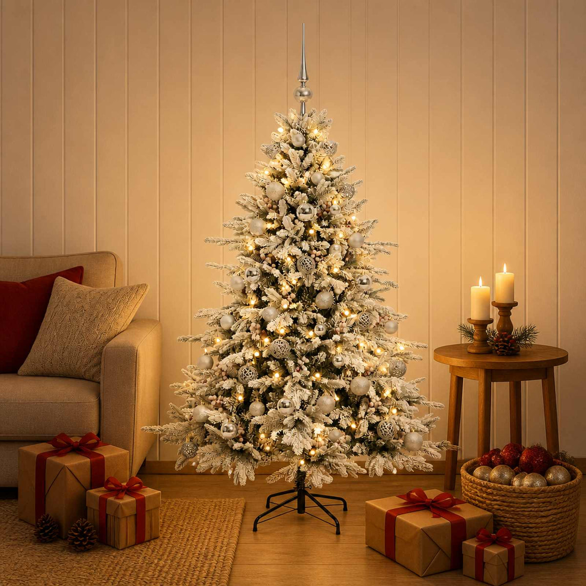 Konstgjord julgran med julkulor 120 cm 150 LED-lampor Varmvit
