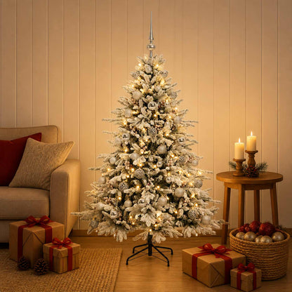 Konstgjord julgran med julkulor 120 cm 150 LED-lampor Varmvit