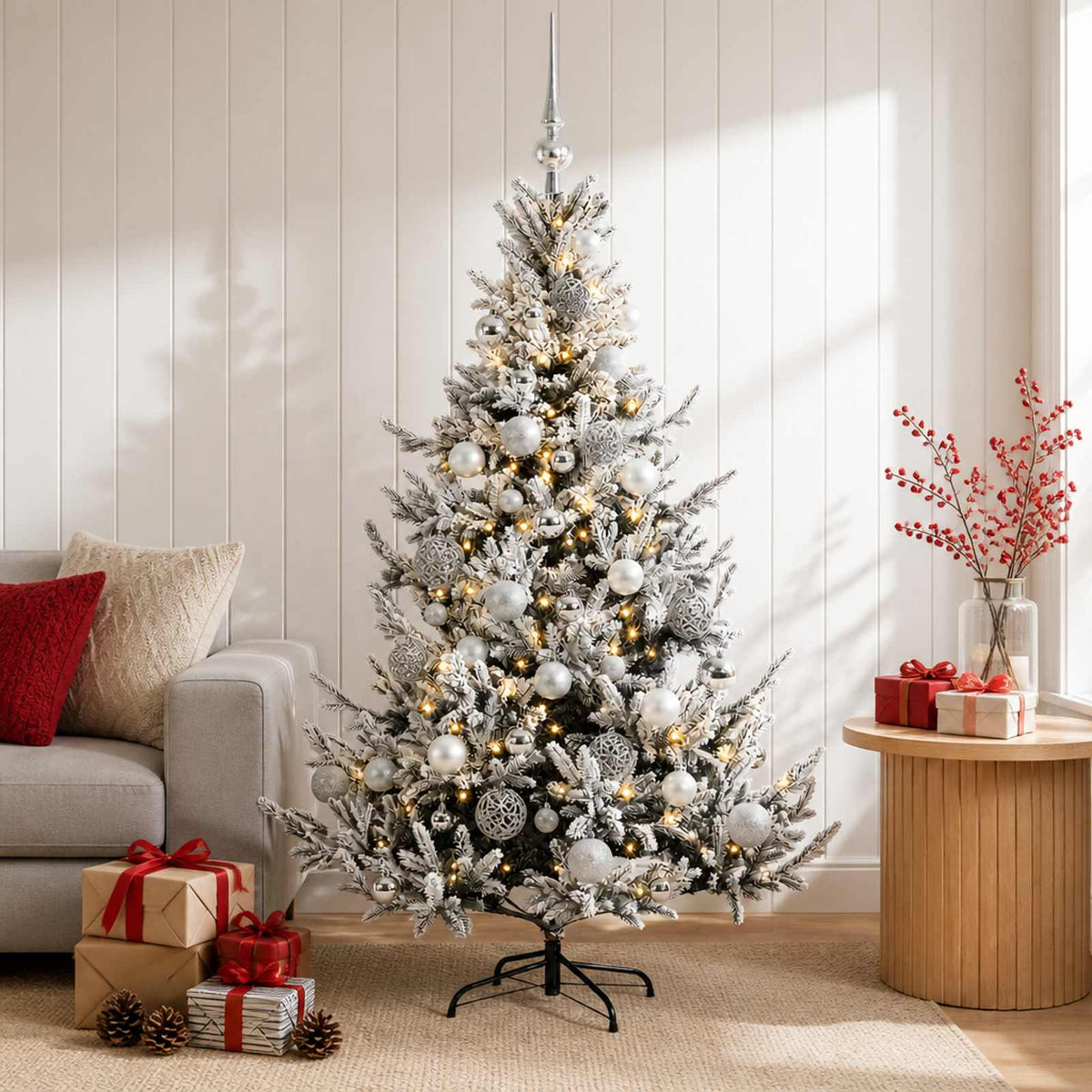 Konstgjord julgran med julkulor 120 cm 150 LED-lampor Varmvit