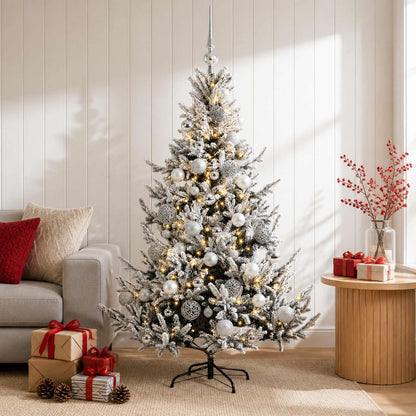 Konstgjord julgran med julkulor 150 cm 150 LED-lampor Varmvit