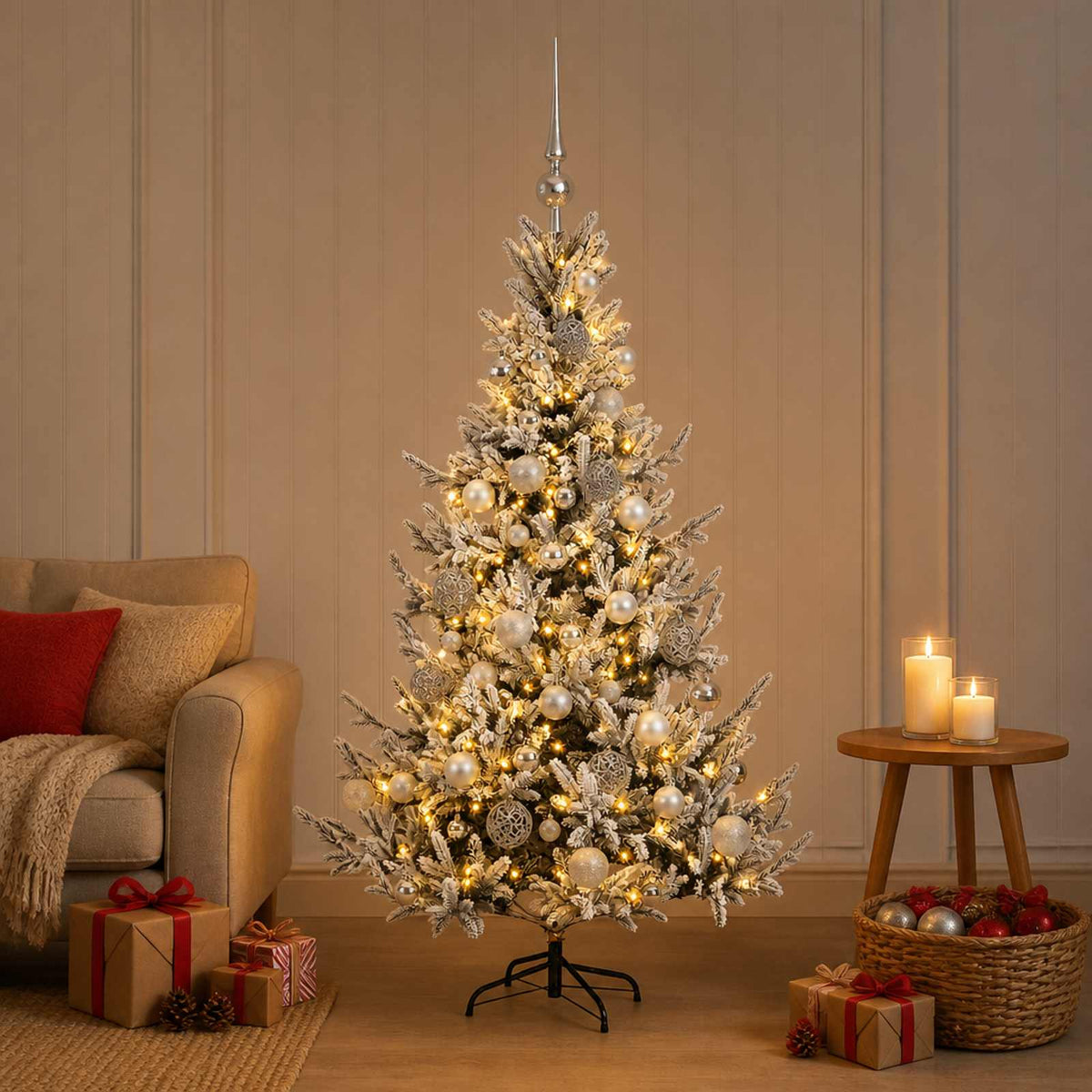 Konstgjord julgran med julkulor 120 cm 150 LED-lampor Varmvit