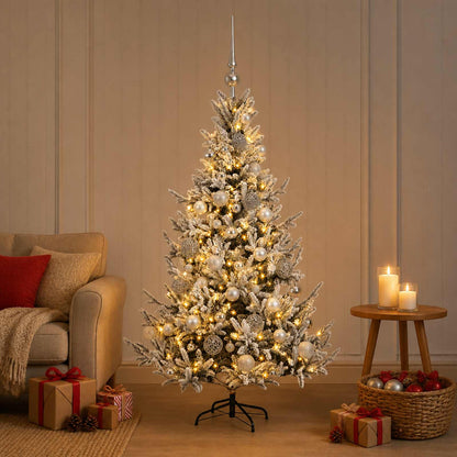 Konstgjord julgran med julkulor 120 cm 150 LED-lampor Varmvit