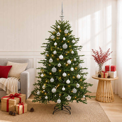 Konstgjord julgran med julkulor 150 cm 150 LED-lampor Varmvit