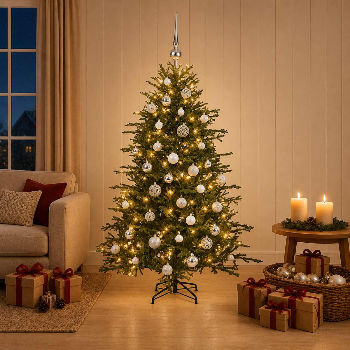 Konstgjord julgran med julkulor 120 cm 150 LED-lampor Varmvit