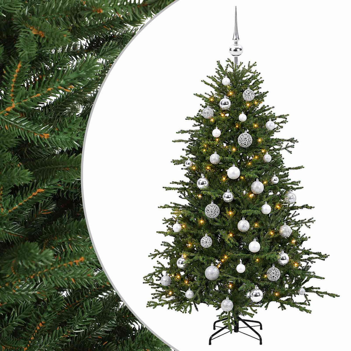 Konstgjord julgran med julkulor 150 cm 150 LED-lampor Varmvit
