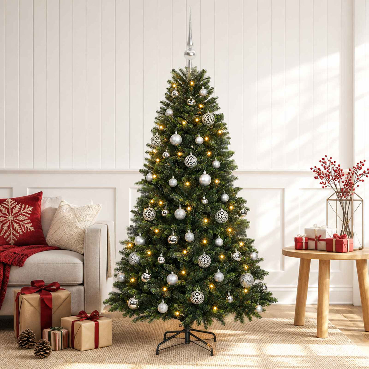 Konstgjord julgran med kulor 120 cm 150 LED-lampor Varmvit
