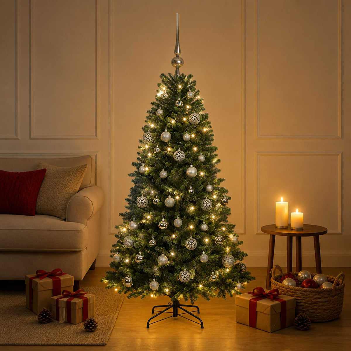 Konstgjord julgran med kulor 120 cm 150 LED-lampor Varmvit