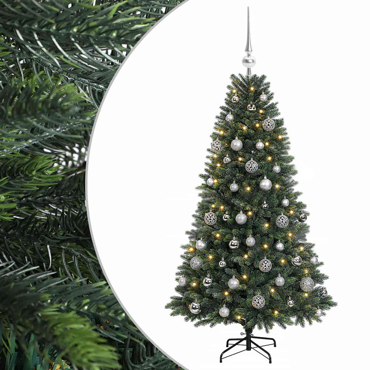 Konstgjord julgran med kulor 150 cm 150 LED-lampor Varmvit