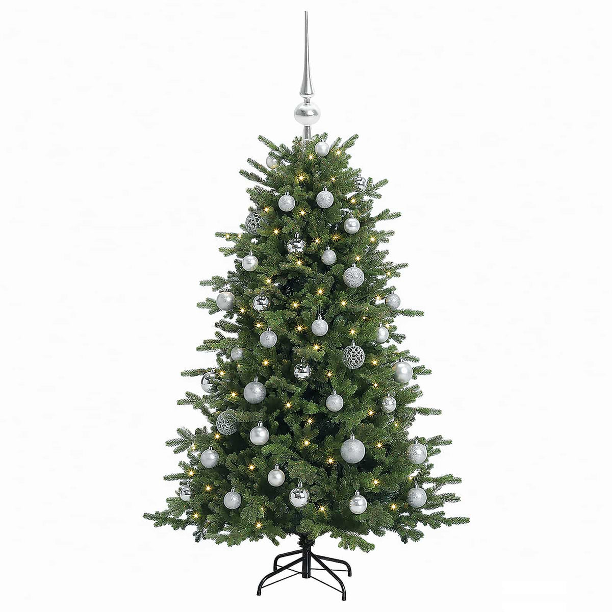 Konstgjord julgran med julkulor 120 cm 150 LED-lampor Varmvit