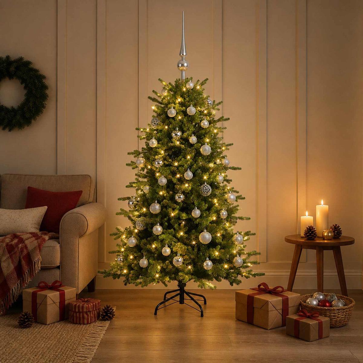 Konstgjord julgran med julkulor 150 cm 150 LED-lampor Varmvit
