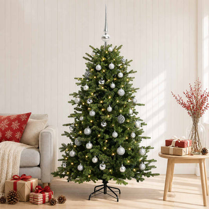 Konstgjord julgran med julkulor 150 cm 150 LED-lampor Varmvit