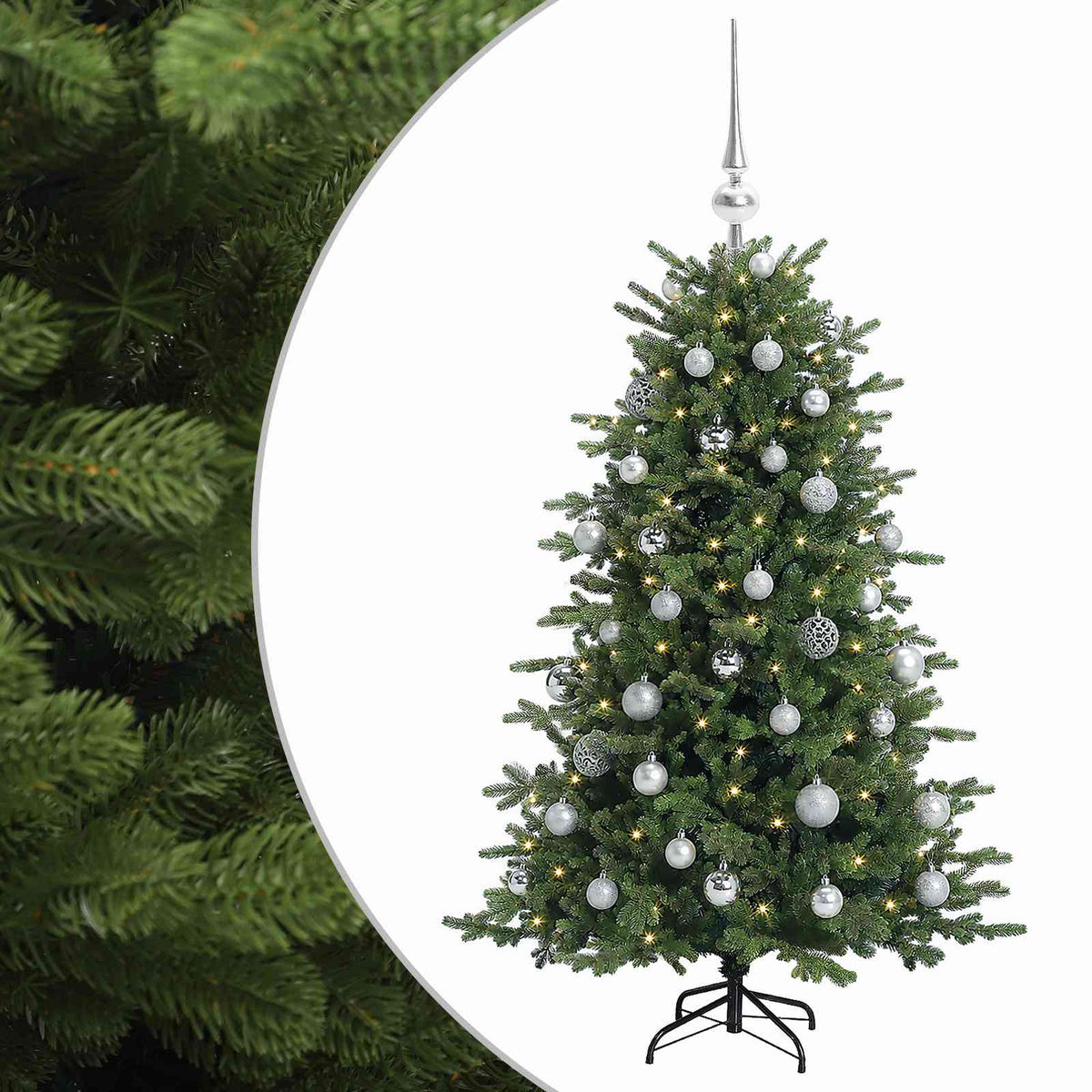 Konstgjord julgran med julkulor 150 cm 150 LED-lampor Varmvit