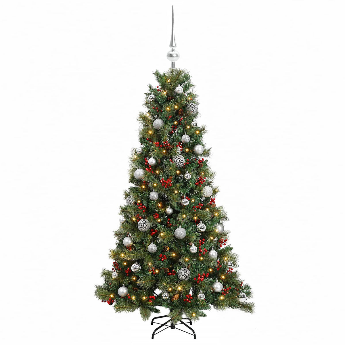 Konstgjord julgran med julkulor 150 cm 150 LED-lampor Varmvit
