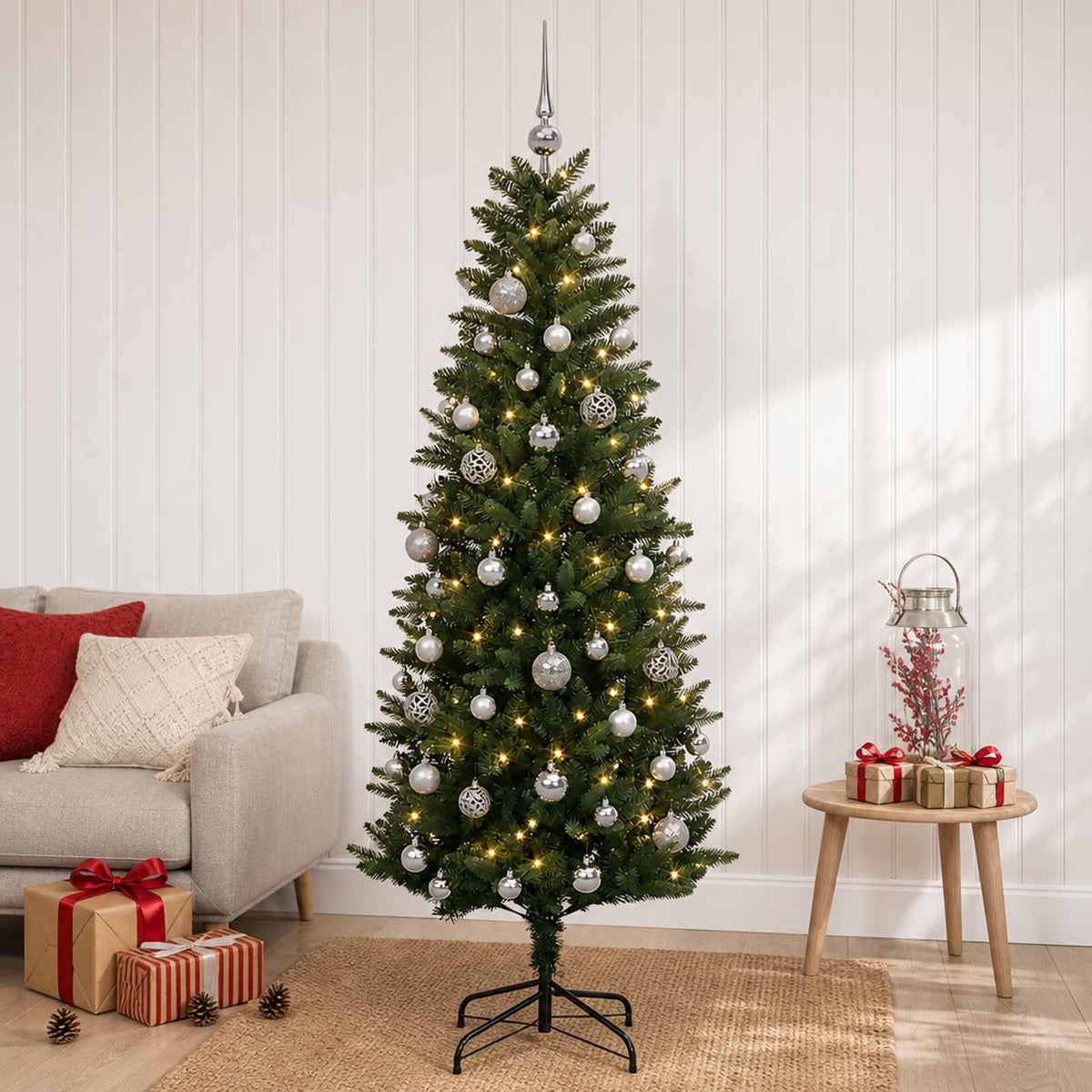 Konstgjord julgran med kulor 120 cm 150 LED-lampor Varmvit