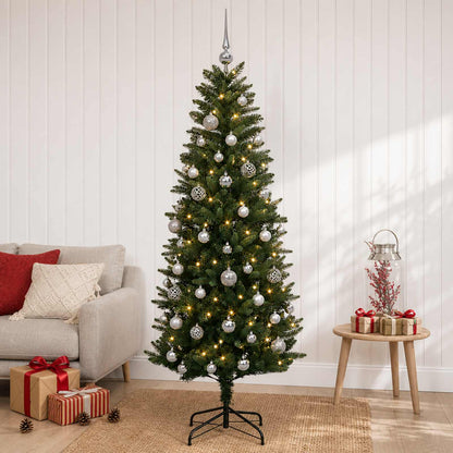 Konstgjord julgran med kulor 120 cm 150 LED-lampor Varmvit