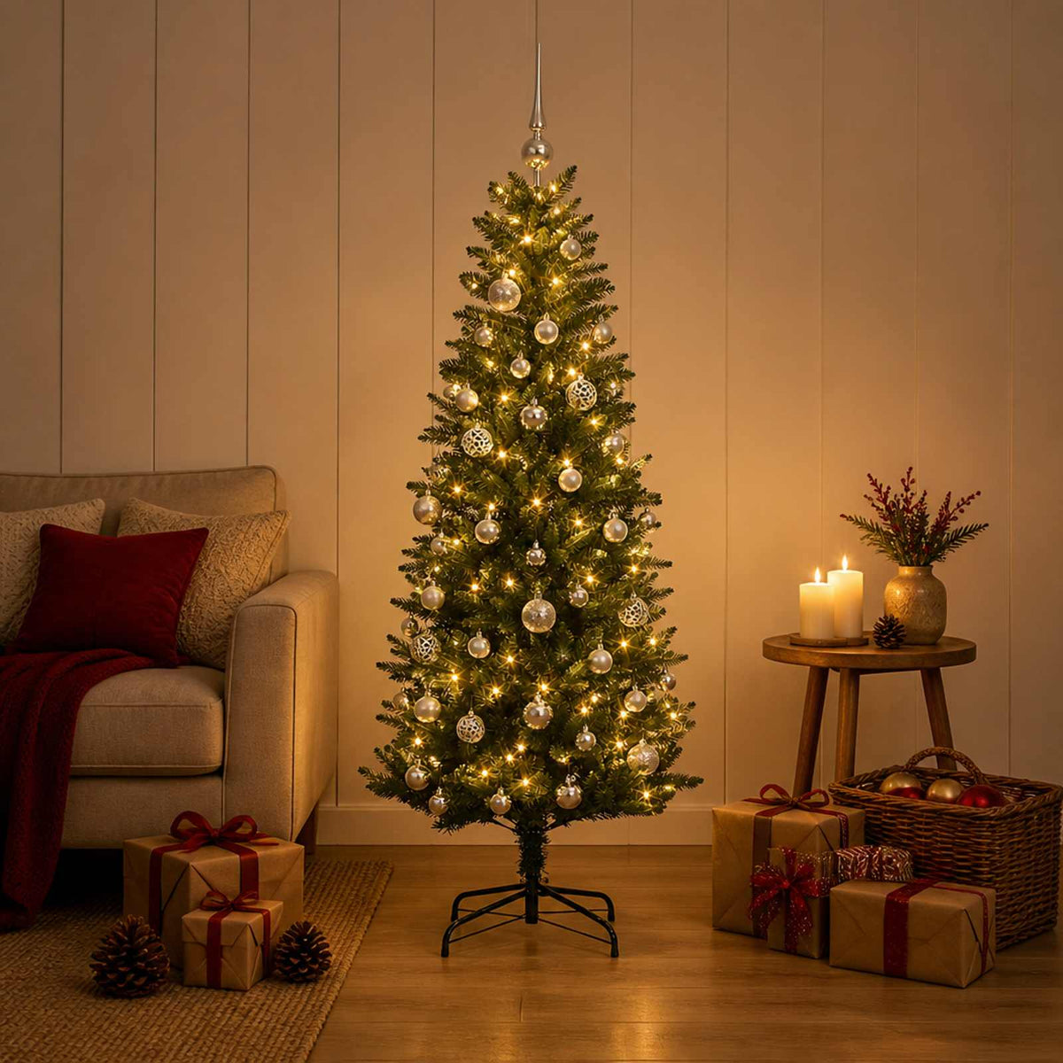 Konstgjord julgran med kulor 120 cm 150 LED-lampor Varmvit