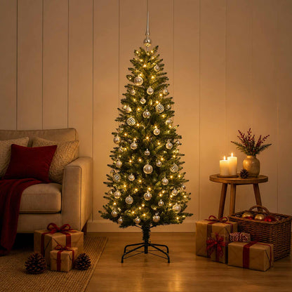 Konstgjord julgran med kulor 120 cm 150 LED-lampor Varmvit