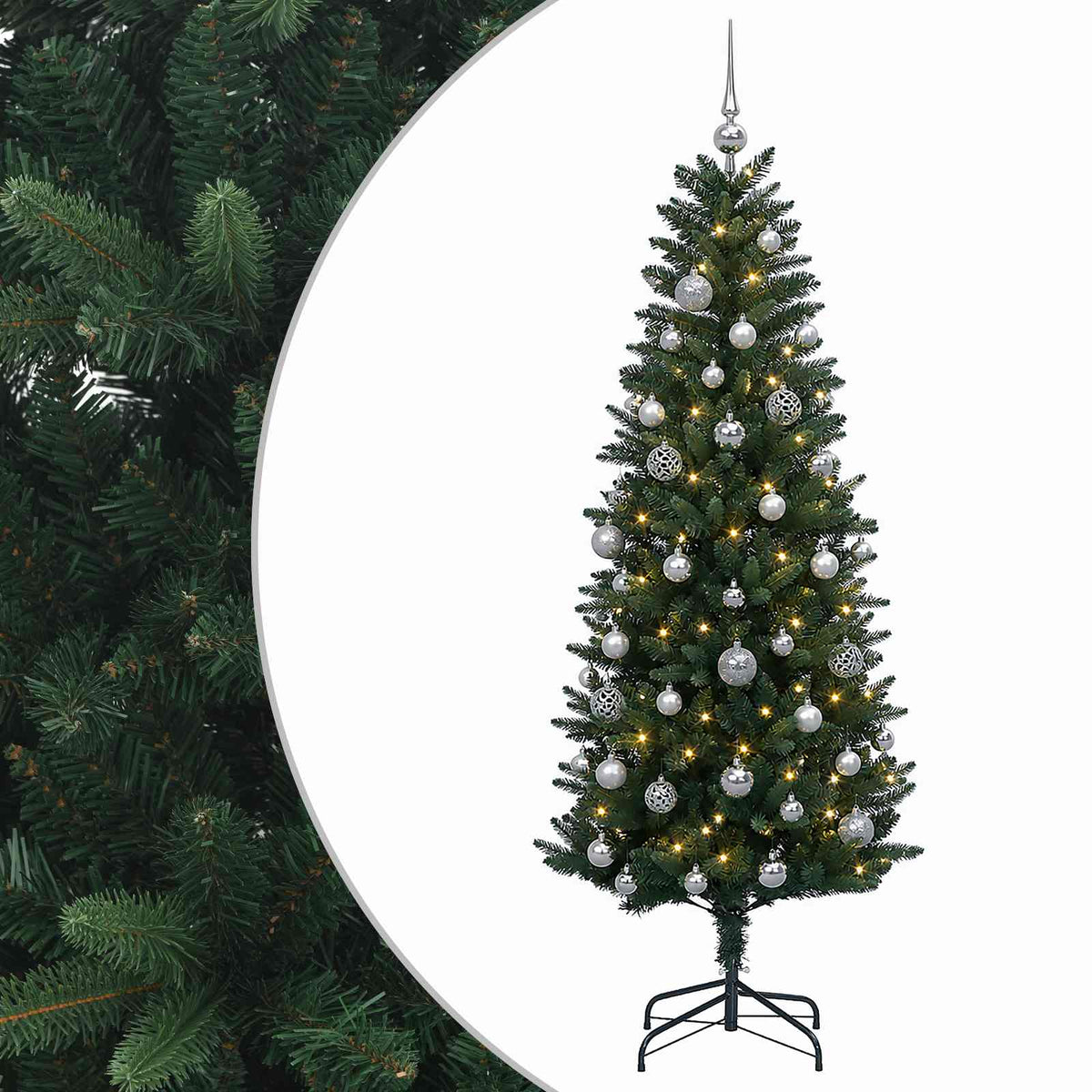 Konstgjord julgran med kulor 150 cm 150 LED-lampor Varmvit