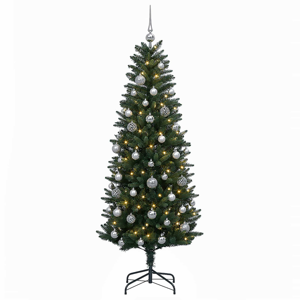 Konstgjord julgran med kulor 150 cm 150 LED-lampor Varmvit