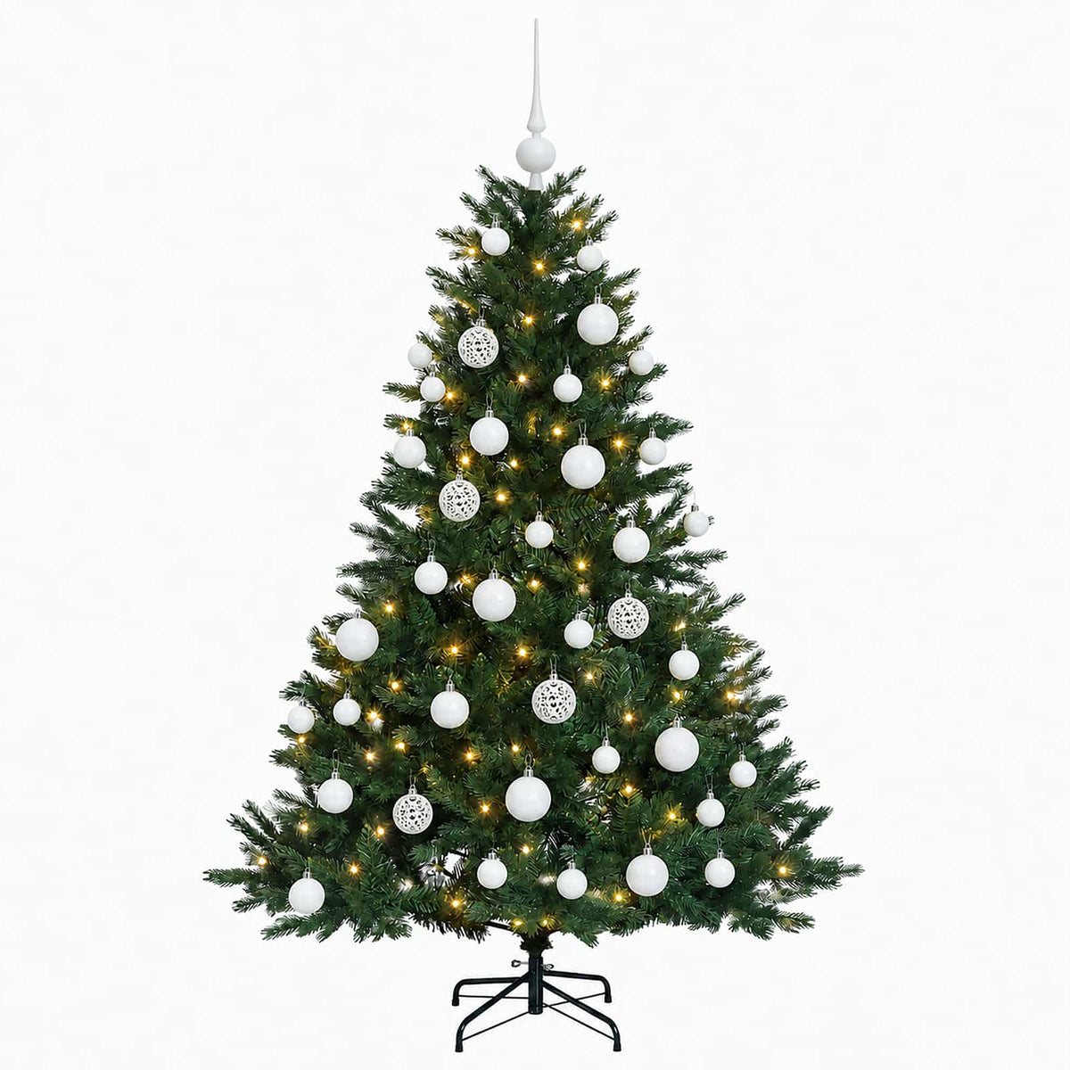 Konstgjord julgran med julkulor 120 cm 150 LED-lampor Varmvit