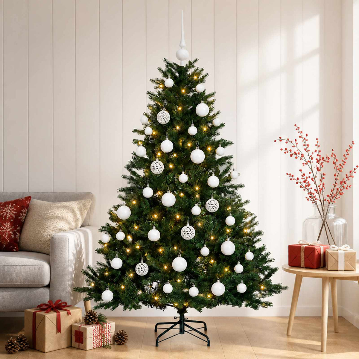 Konstgjord julgran med julkulor 120 cm 150 LED-lampor Varmvit