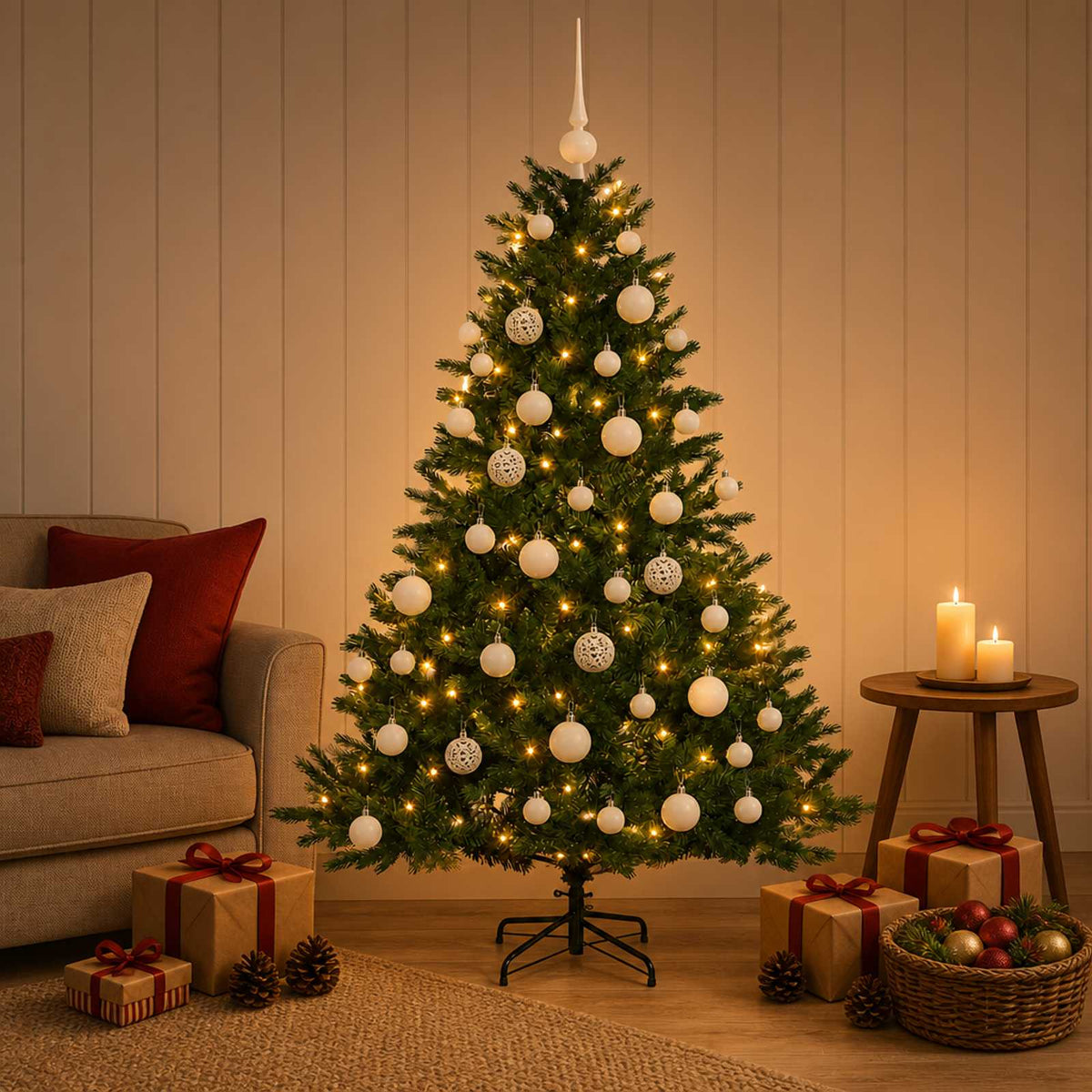 Konstgjord julgran med julkulor 120 cm 150 LED-lampor Varmvit