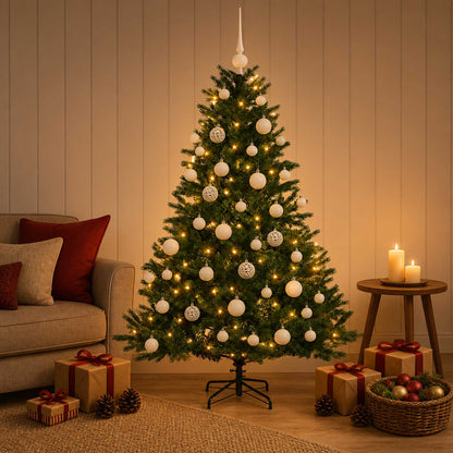 Konstgjord julgran med julkulor 120 cm 150 LED-lampor Varmvit