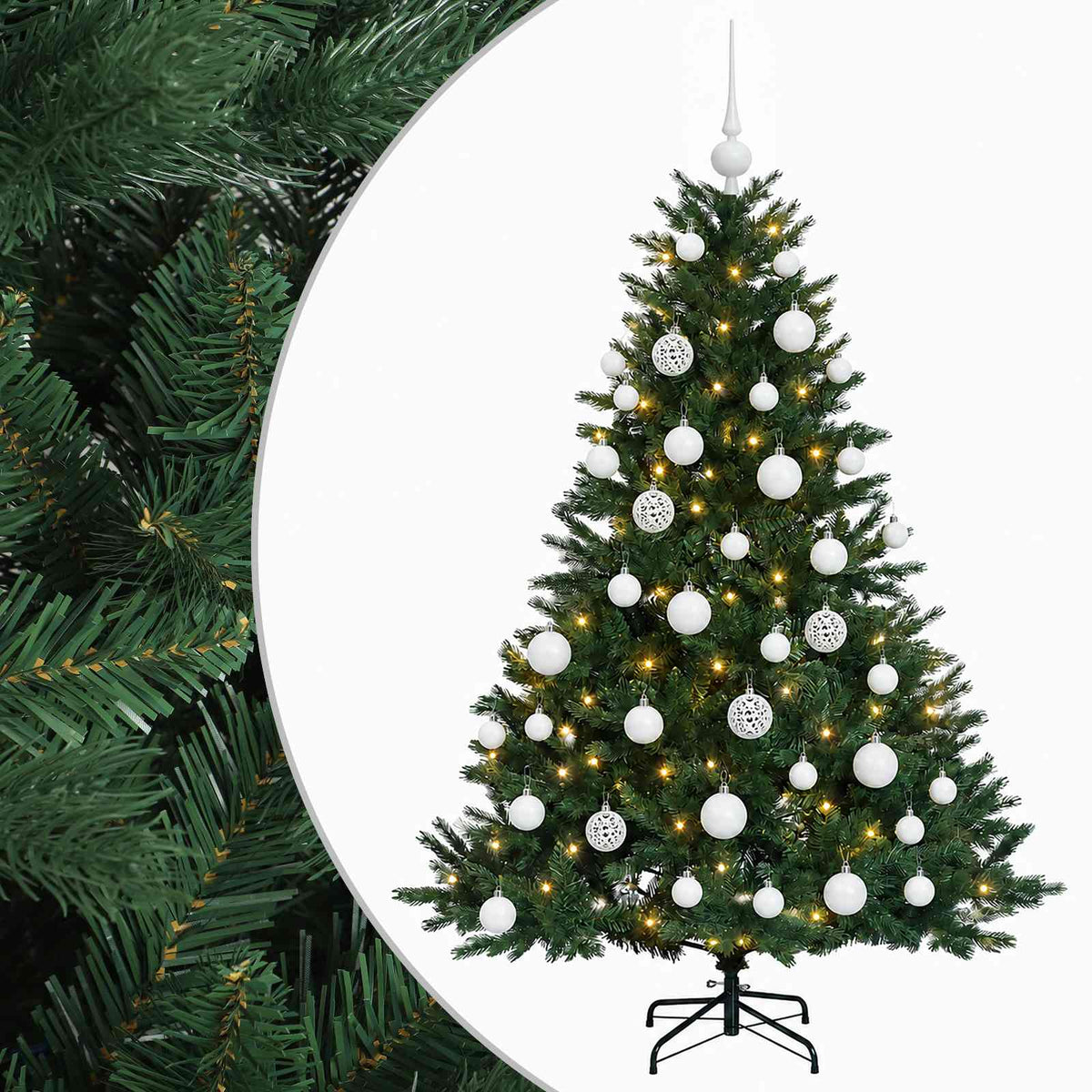 Konstgjord julgran med julkulor 150 cm 150 LED-lampor Varmvit