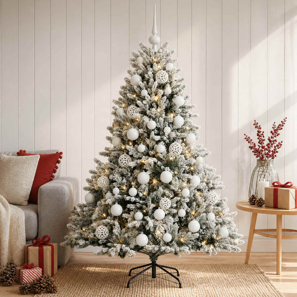 Konstgjord julgran med julkulor 120 cm 150 LED-lampor Varmvit