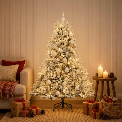 Konstgjord julgran med julkulor 120 cm 150 LED-lampor Varmvit