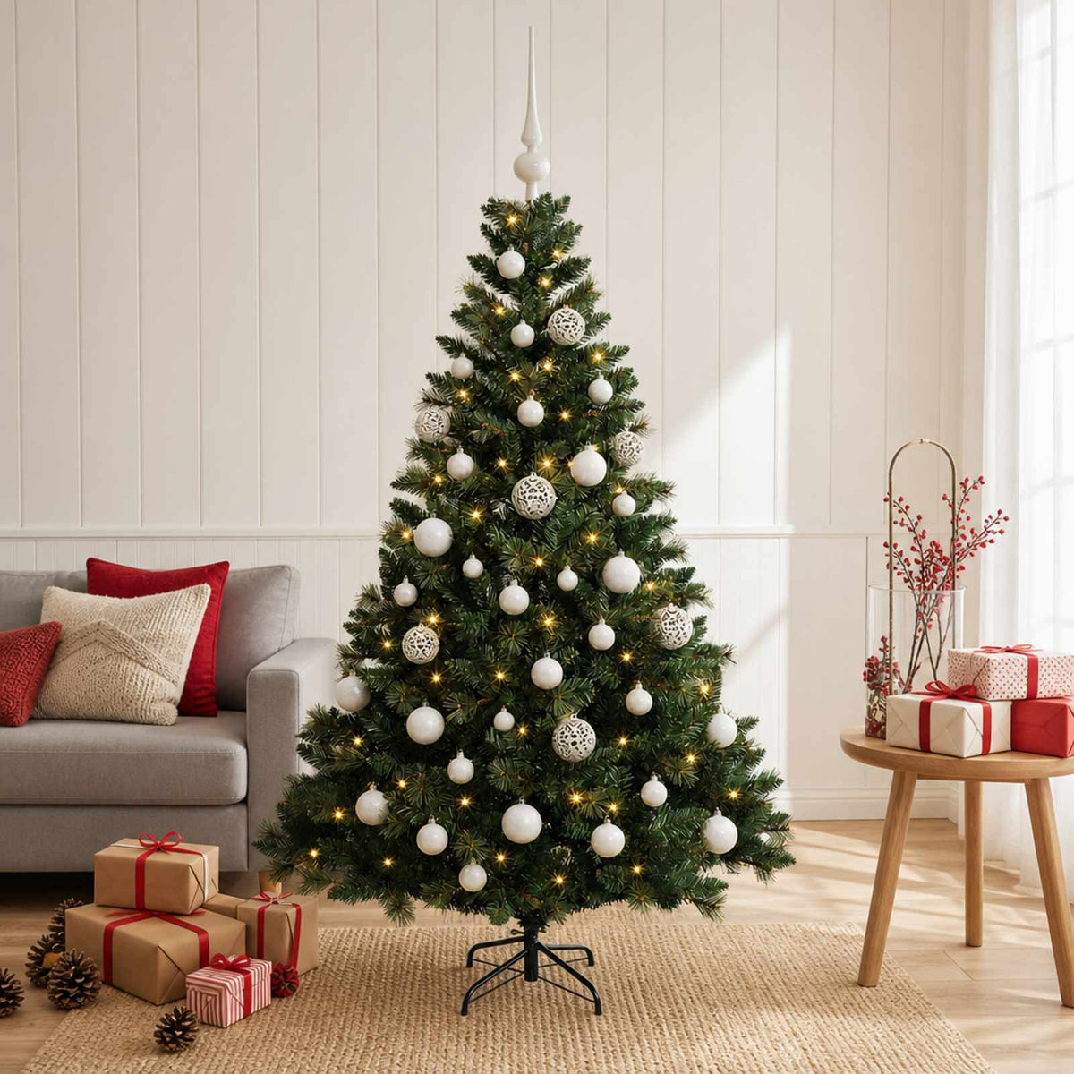 Konstgjord julgran med kulor 150 cm 150 LED-lampor Varmvit