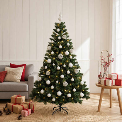 Konstgjord julgran med kulor 150 cm 150 LED-lampor Varmvit