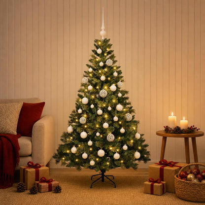 Konstgjord julgran med kulor 150 cm 150 LED-lampor Varmvit