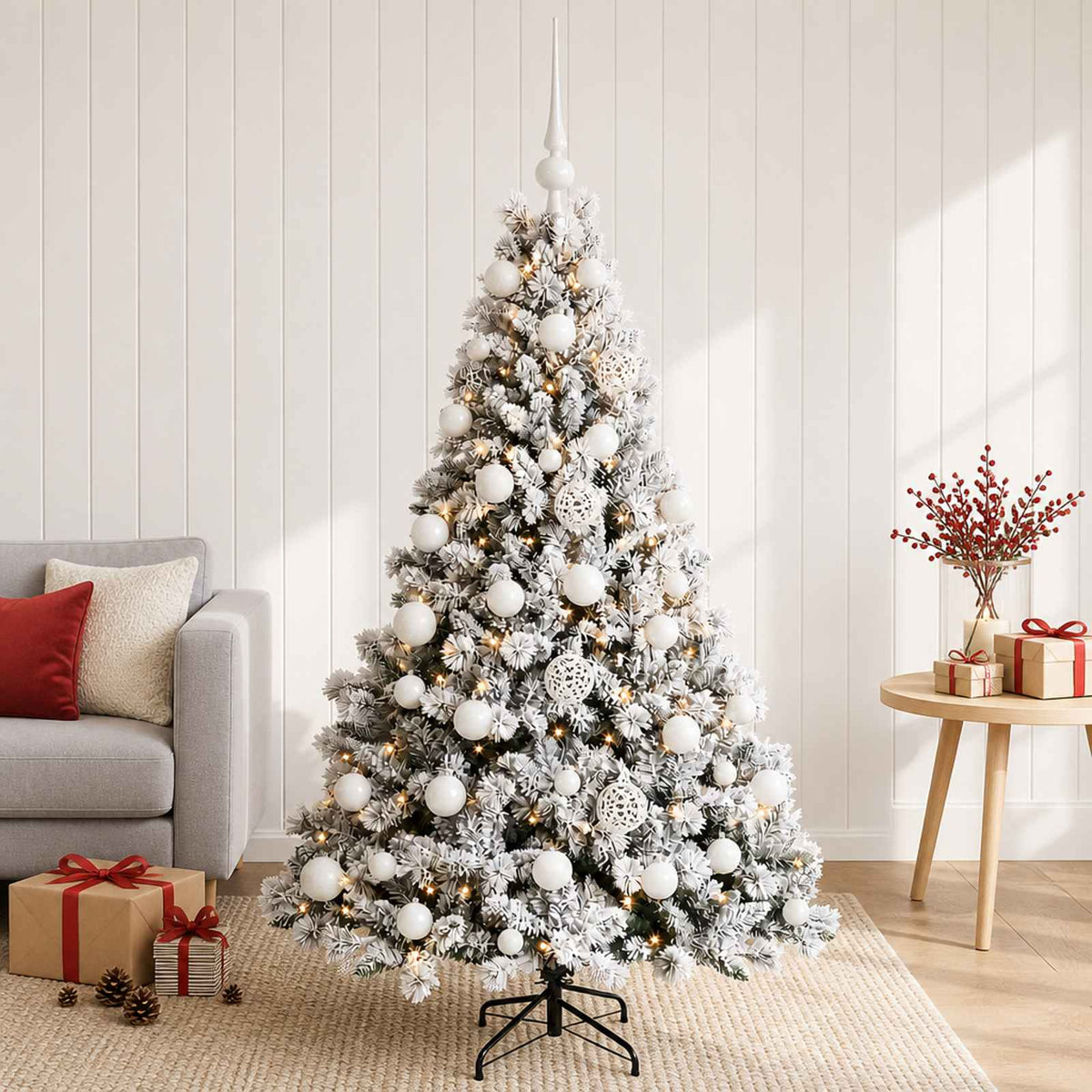 Konstgjord julgran med kulor 120 cm 150 LED-lampor Varmvit