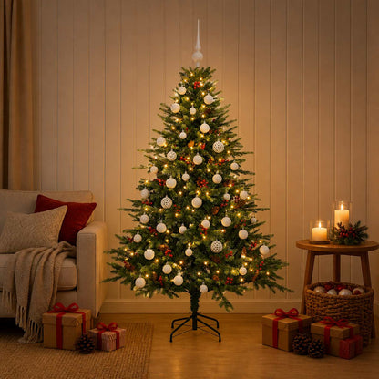 Konstgjord julgran med julkulor 120 cm 150 LED-lampor Varmvit