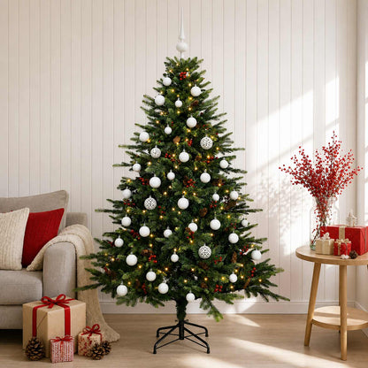 Konstgjord julgran med julkulor 150 cm 150 LED-lampor Varmvit