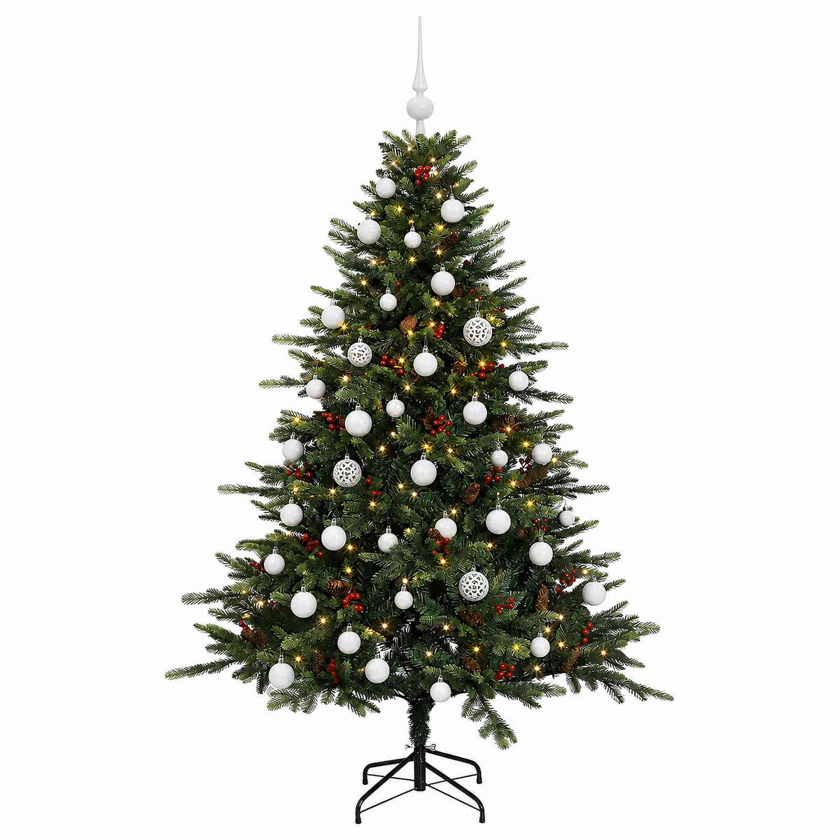 Konstgjord julgran med julkulor 150 cm 150 LED-lampor Varmvit