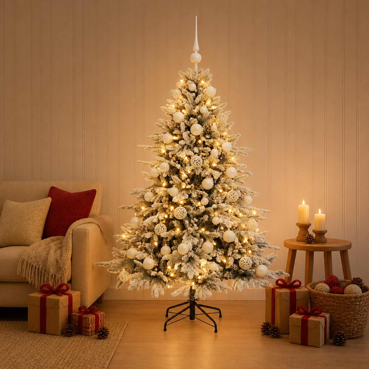 Konstgjord julgran med julkulor 150 cm 150 LED-lampor Varmvit