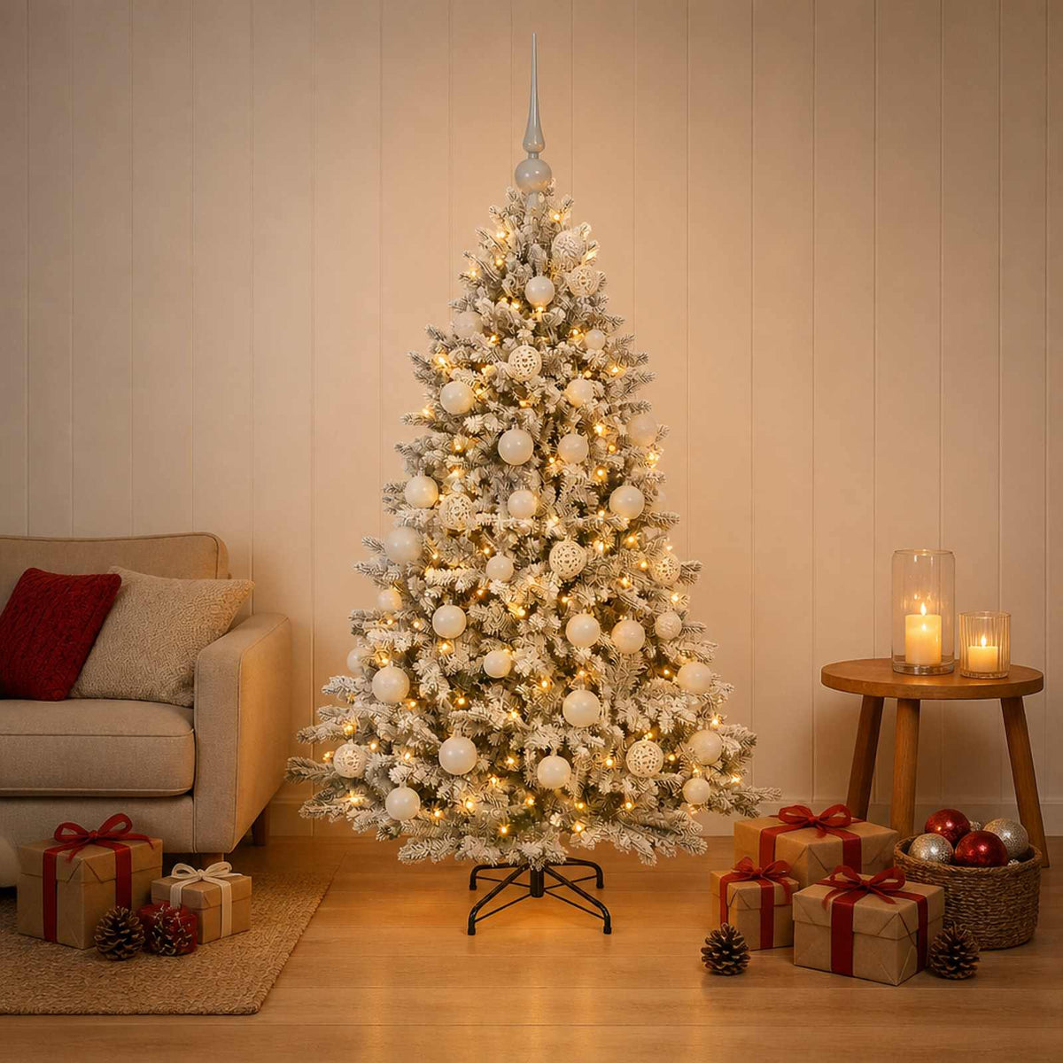 Konstgjord julgran med kulor 150 cm 150 LED-lampor Varmvit