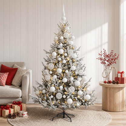 Konstgjord julgran med julkulor 150 cm 150 LED-lampor Varmvit