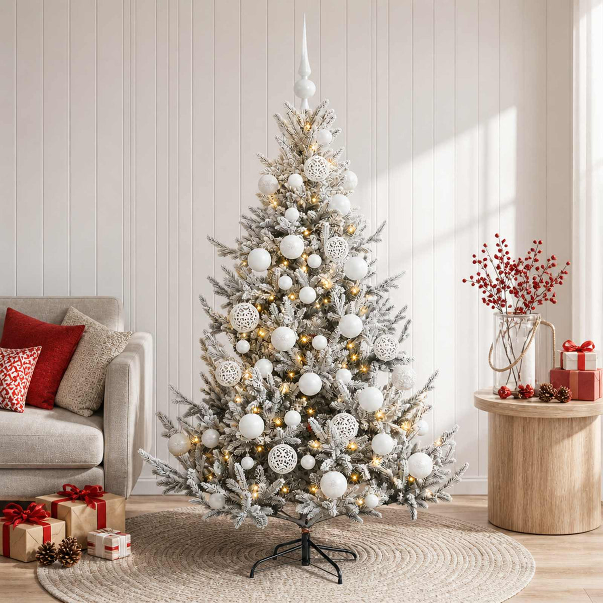 Konstgjord julgran med julkulor 120 cm 150 LED-lampor Varmvit