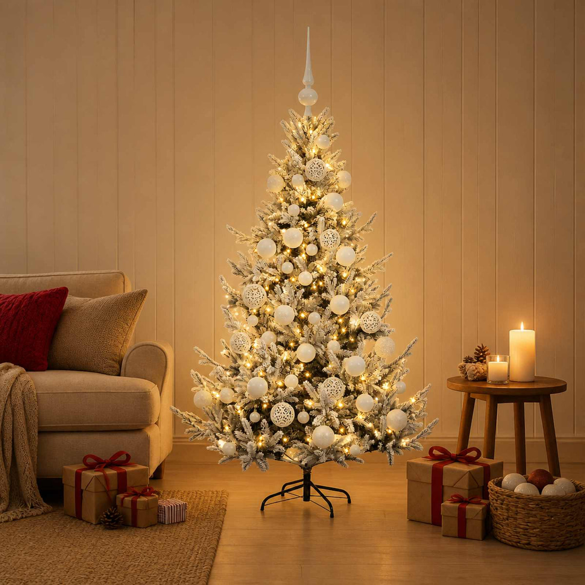 Konstgjord julgran med julkulor 120 cm 150 LED-lampor Varmvit