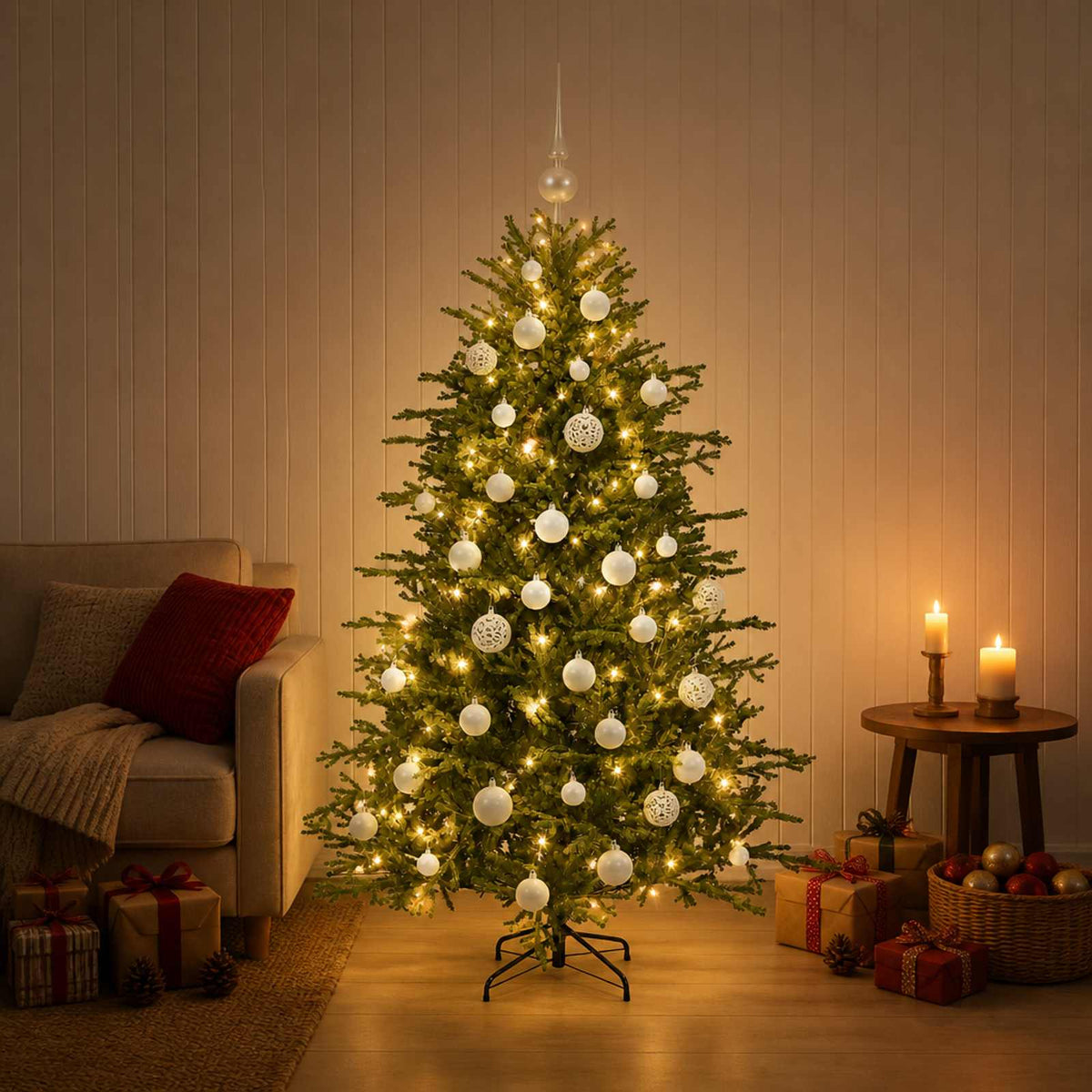 Konstgjord julgran med julkulor 150 cm 150 LED-lampor Varmvit