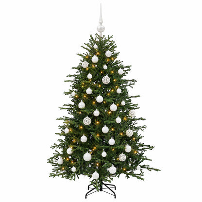 Konstgjord julgran med julkulor 150 cm 150 LED-lampor Varmvit