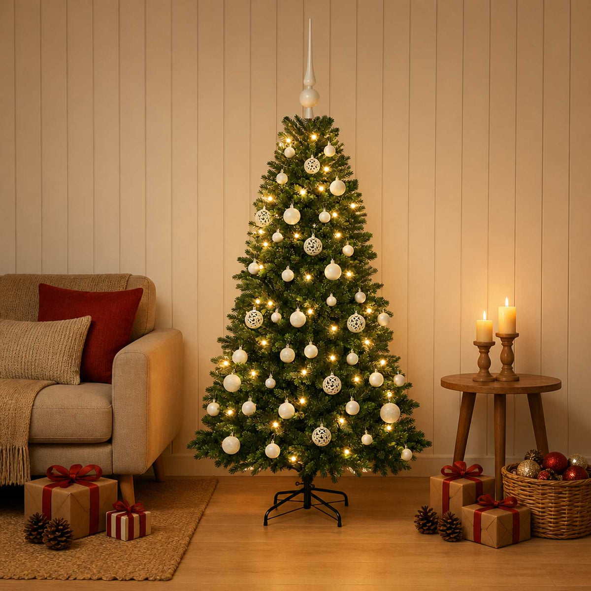 Konstgjord julgran med kulor 150 cm 150 LED-lampor Varmvit