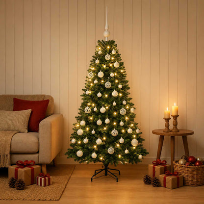 Konstgjord julgran med kulor 150 cm 150 LED-lampor Varmvit