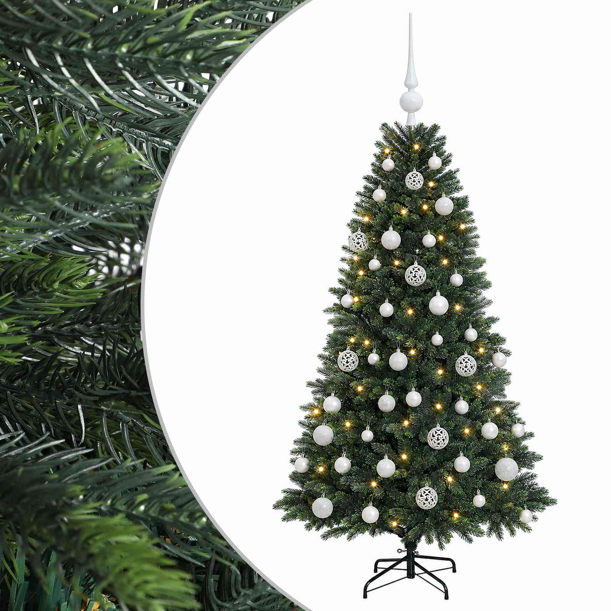Konstgjord julgran med kulor 150 cm 150 LED-lampor Varmvit