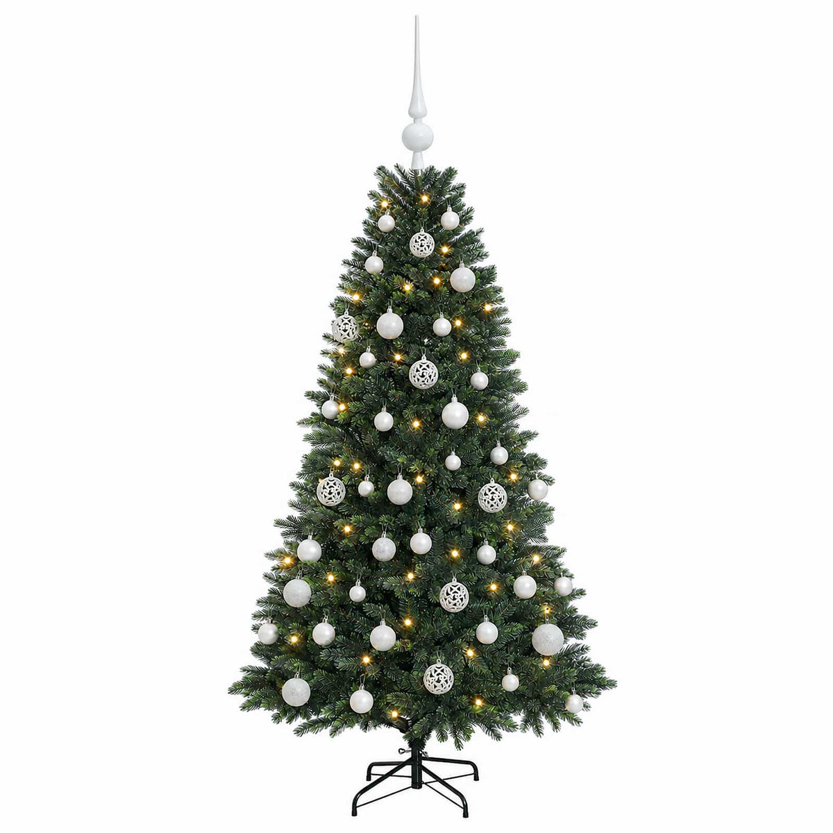 Konstgjord julgran med kulor 150 cm 150 LED-lampor Varmvit